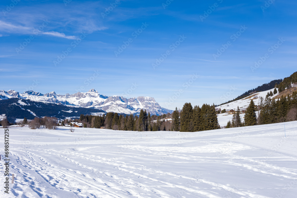 A hiking path in front of the Chaine des Aravis in Europe, France, Rhone Alpes, Savoie, Alps, in winter, on a sunny day.