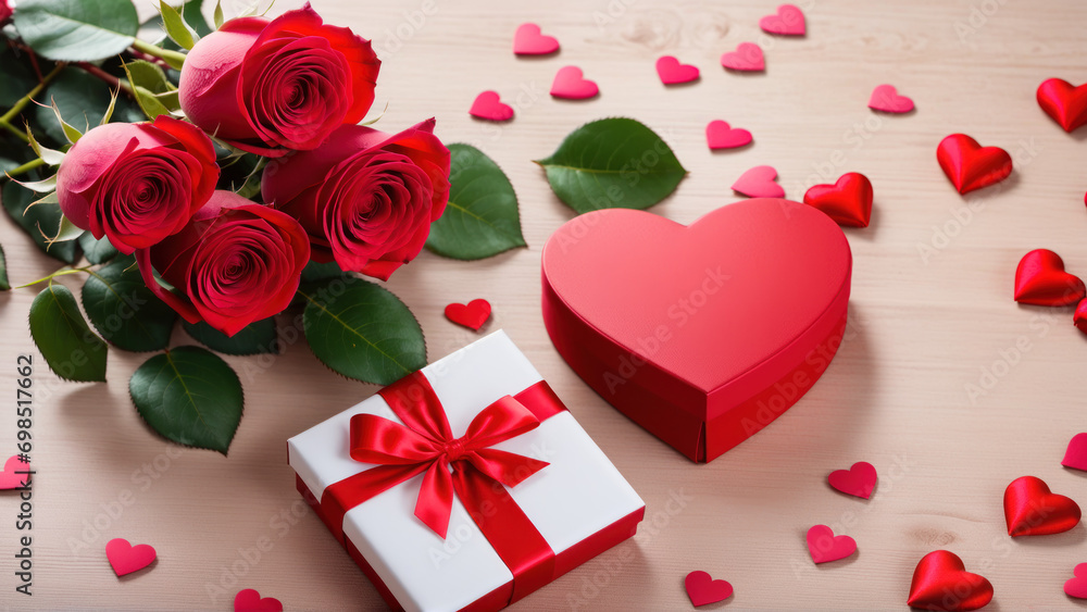 A heart shaped box with a bow and a bouquet of roses next to it A heart shaped box with a bow and a bouquet of roses next to it