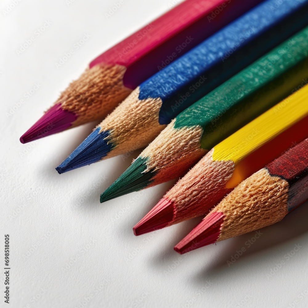 Fototapeta premium Precision Colored Pencils on White - Artistic Detail Photography