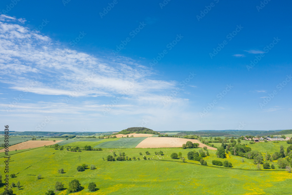 The forests and fields of the countryside in Europe, in France, in Burgundy, in Nievre, in Varzy, towards Clamecy, in Spring, on a sunny day.