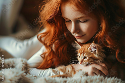 Portrait of young red haired woman holding cute kitten with green eyes. Female hugging her cute  kitty. Adorable domestic pet concept. photo