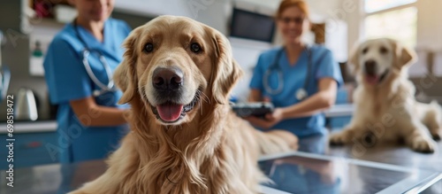 Young veterinarians using tablet with diagnosis software, examining obedient Golden Retriever on clinic table.