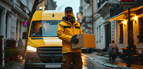 A courier with a box in yellow clothes stands near a yellow microbus
