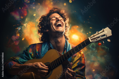 A musician playing a guitar with a beaming smile