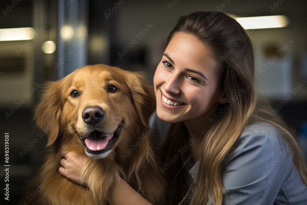 Portrait of a woman and her pet - a golden rottweiler.