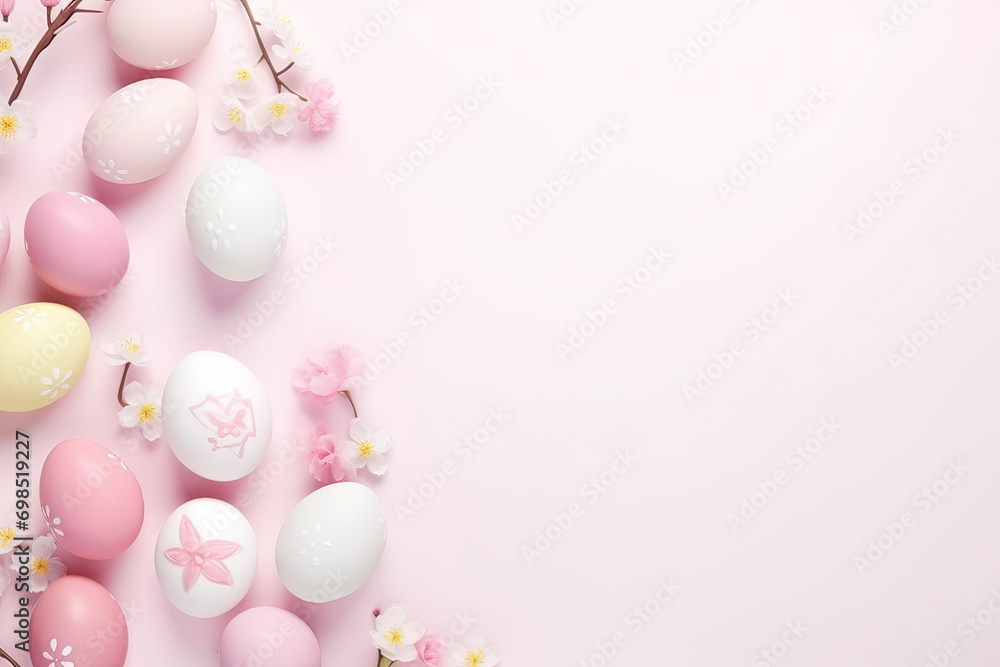 easter background with colorful eggs and flowers on white background.happy Easter, spring, farm,  holiday,festive scene , greeting cards, posters, .Easter holiday card concept.copy space