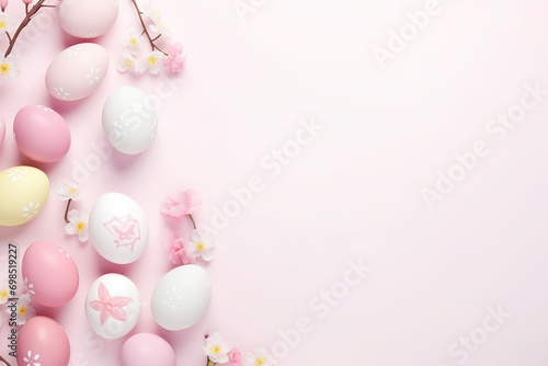 easter background with colorful eggs and flowers on white background.happy Easter  spring  farm   holiday festive scene   greeting cards  posters  .Easter holiday card concept.copy space