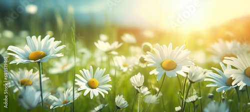 Blooming daisies close-up, background. Background of many marguerite with a delicate sunny color photo