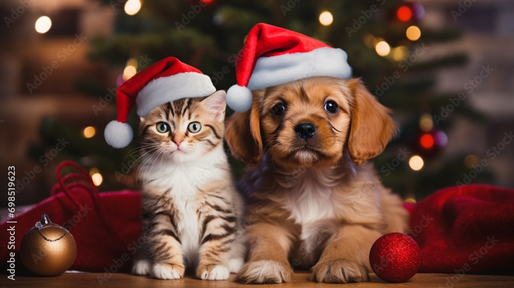 Two small pets, a kitten and a puppy, sitting in front of a beautifully decorated Christmas tree, donning festive red Santa hats, their eyes twinkling with excitement and holiday cheer.