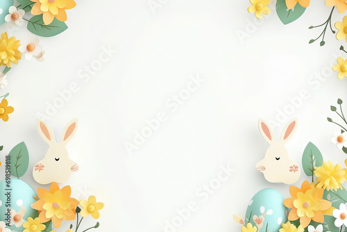 easter background with colorful eggs and flowers on white background.happy Easter, spring, farm, holiday,festive scene , greeting cards, posters, .Easter holiday card concept.copy space