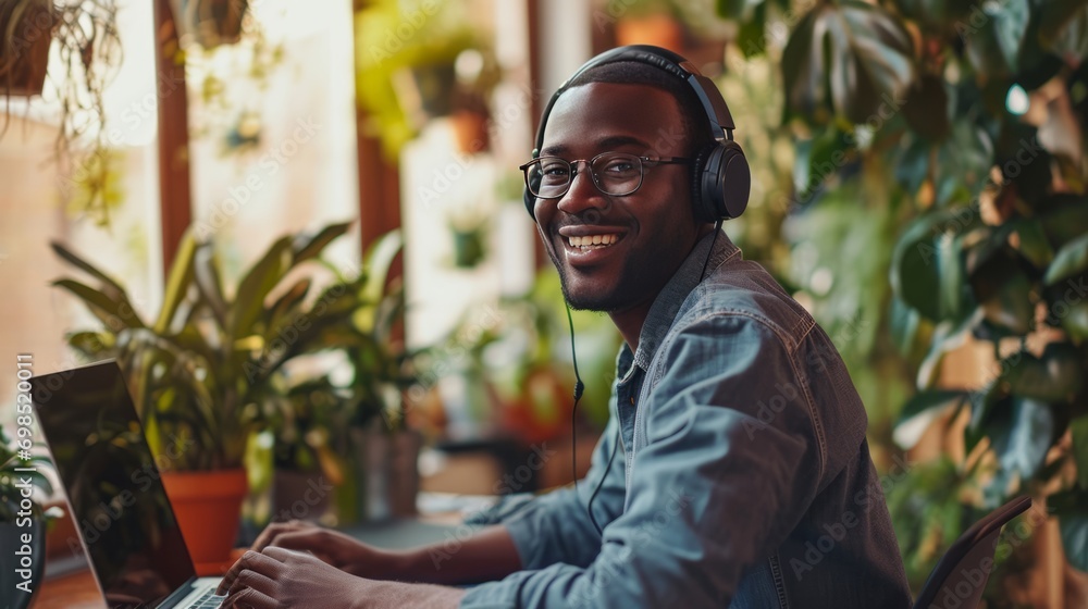 African man in headphones working on laptop and smiling
