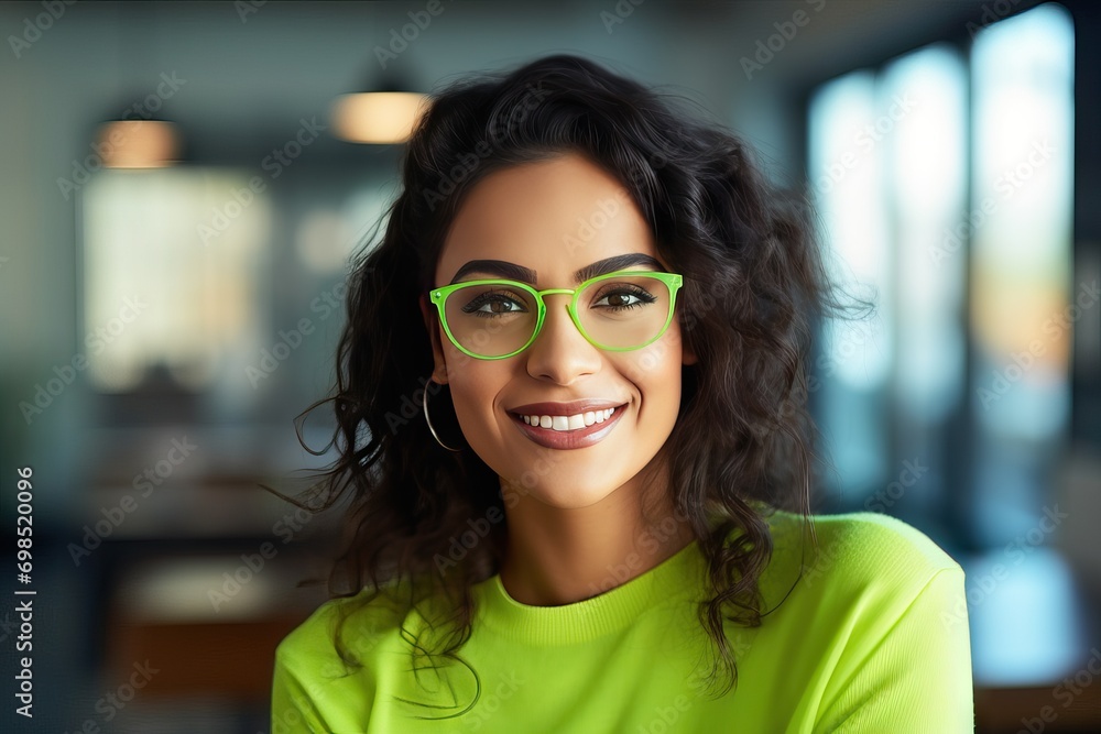 Confident Indian Woman in Neon Green Sweater: Closeup Portrait generative ai Confident Indian Woman in Neon Green Sweater: Closeup Portrait generative ai