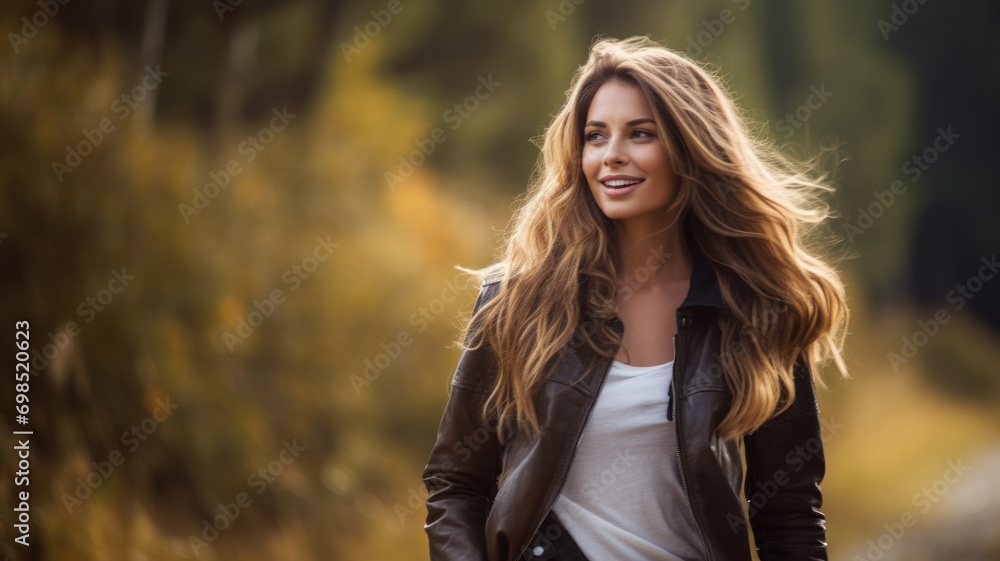 portrait of attractive young woman with leather jacket on park in autumn