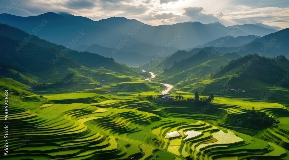 Aerial Serenity: Vietnamese Rice Terraces at Sunset generative ai