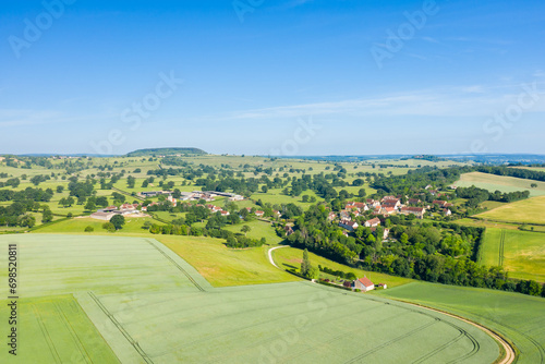 A French village in the green countryside in Europe, France, Burgundy, Nievre, Cuncy les Varzy, towards Clamecy, in summer on a sunny day.