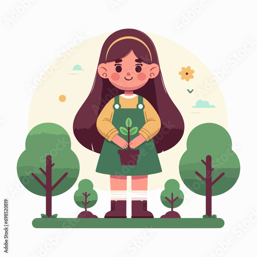 illustration of a little girl carrying a plant in flat design style