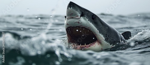 South African Great White Shark breaches and consumes seal, only flipper tips visible.