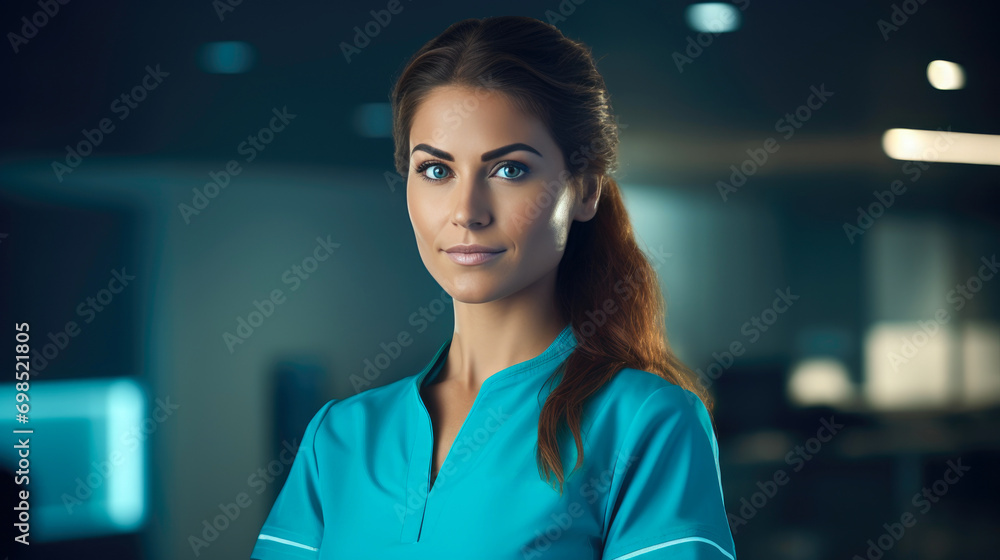 Fototapeta premium Professional Woman in Turquoise Physio Attire