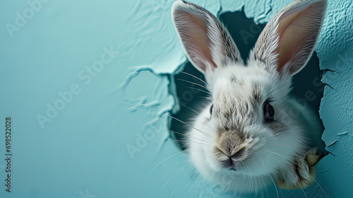 white rabbit on a blue background, a white easter bunny peeking out of a hole on light blue wall background