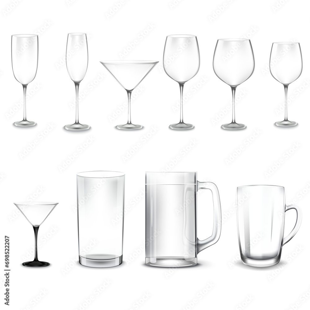 Set of glasses. Set of transparent glasses for wine, martini, champagne and other Set of glasses. Set of transparent glasses for wine, martini, champagne and other