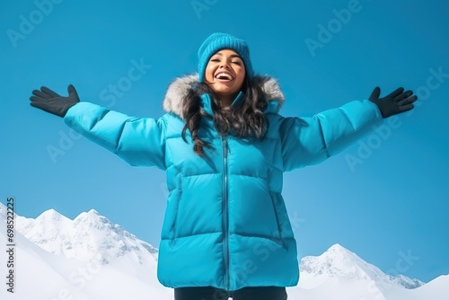 Mountain Escape: Young Indian Woman Geared Up for Winter Fun generative ai