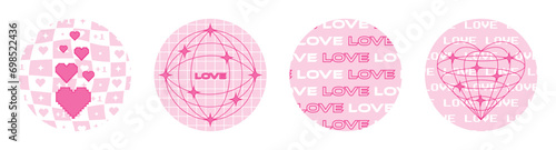 Set of round stickers for Valentine's Day in the style of the 2000s. Vector design elements for scrapbooking