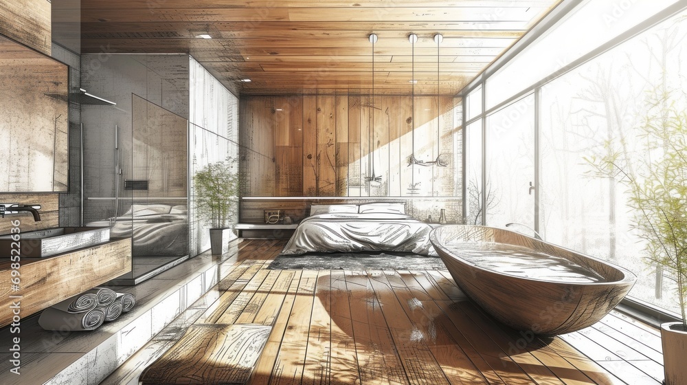 A hand-drawn sketch project of japandi wooden bedroom with free standing bathtub. Draft of unfinished project that becomes real. Interior design and creativity concept.