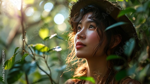 A calm woman inhales fresh air among the greenery of the forest, enjoying a moment of rest