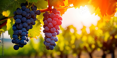 ripe grapes on the vine, bathed in sunlight, with the backdrop of a lush vineyard stretching into the distance.