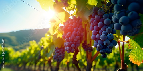 ripe grapes on the vine, bathed in sunlight, with the backdrop of a lush vineyard stretching into the distance. photo