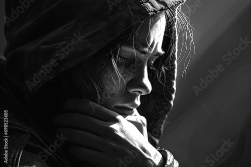 Illustration of a person grieving, somber monochrome style with emphasis on emotion and lighting photo