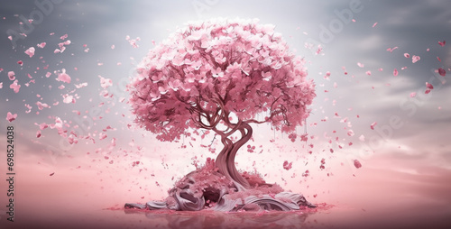 background with tree, tree with petals, tree in the wind, tree with flowers, a design showing pink tree petals are falling © Yasir
