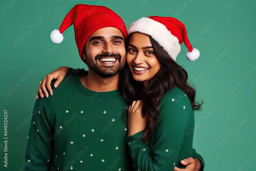 Christmas Joy: Merry Indian Friends in Sweaters and Santa Hats Pose with Garland, Celebrating New Year's on a Green Background generative ai Christmas Joy: Merry Indian Friends in Sweaters and Santa Hats Pose with Garland, Celebrating New Year's on a Green Background generative ai