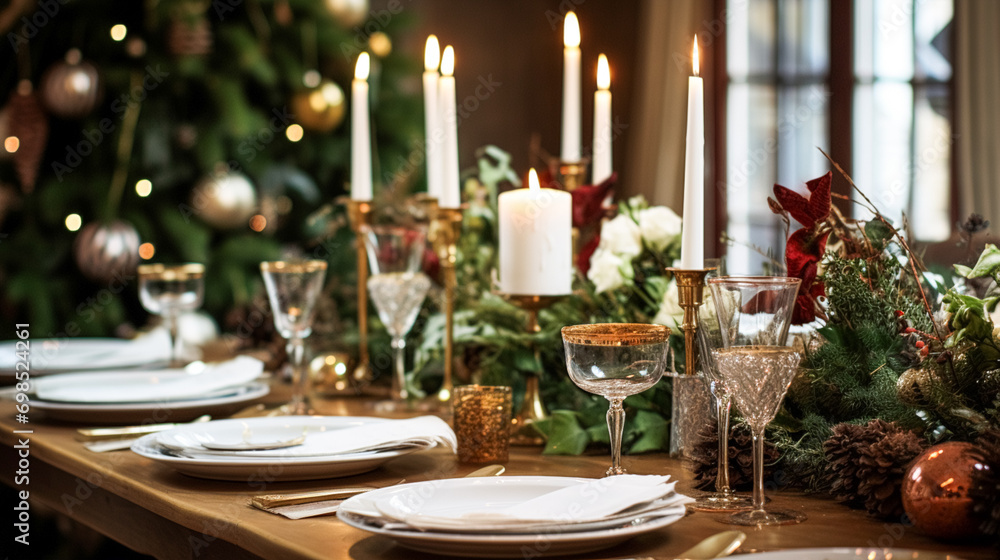 Table decor, holiday tablescape and formal dinner table setting for Christmas, holidays and event celebration, English country decoration and home styling Table decor, holiday tablescape and formal dinner table setting for Christmas, holidays and event celebration, English country decoration and home styling