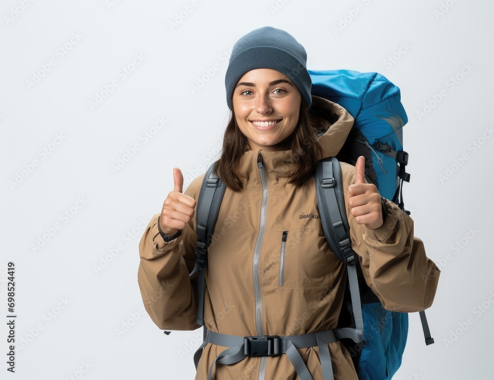 Happy Traveler in High-Angle View, Pointing with Backpack on White Background generative ai Happy Traveler in High-Angle View, Pointing with Backpack on White Background generative ai