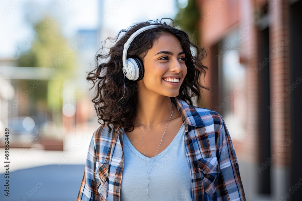 Cheerful Indian Woman in Checkered Shirt and Jeans, Posing Happily with Headphones on City Street Backgroun generative ai Cheerful Indian Woman in Checkered Shirt and Jeans, Posing Happily with Headphones on City Street Backgroun generative ai