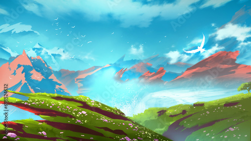 meadow fantasy grass field with mountain and flying bird savanna landscape HD anime wallpaper background