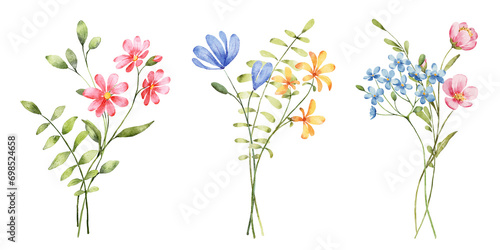 Wild flowers set, watercolor hand painting, digital floral illustration. Bouquets banner border. 