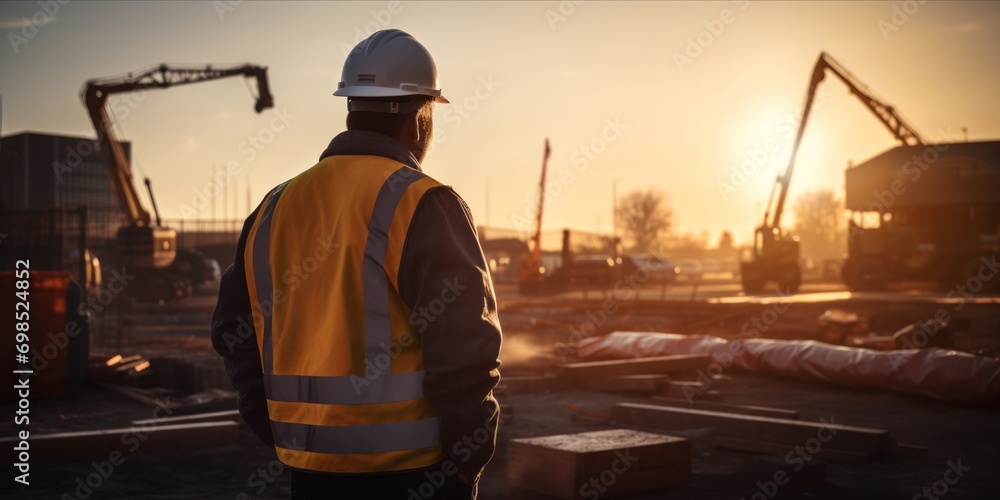 Construction supervisor inspecting work with clipboard at sunset.