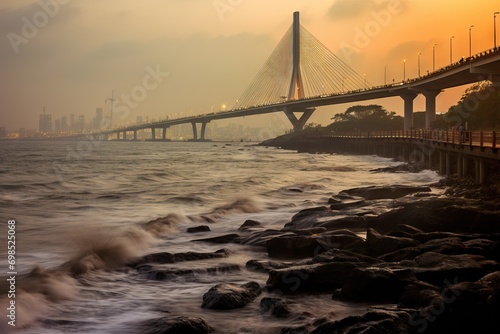 Coastal Marvel: Scenic Shot of the Bandra-Worli Sea Link Connecting Worli and Bandra generative ai © RamvijayB