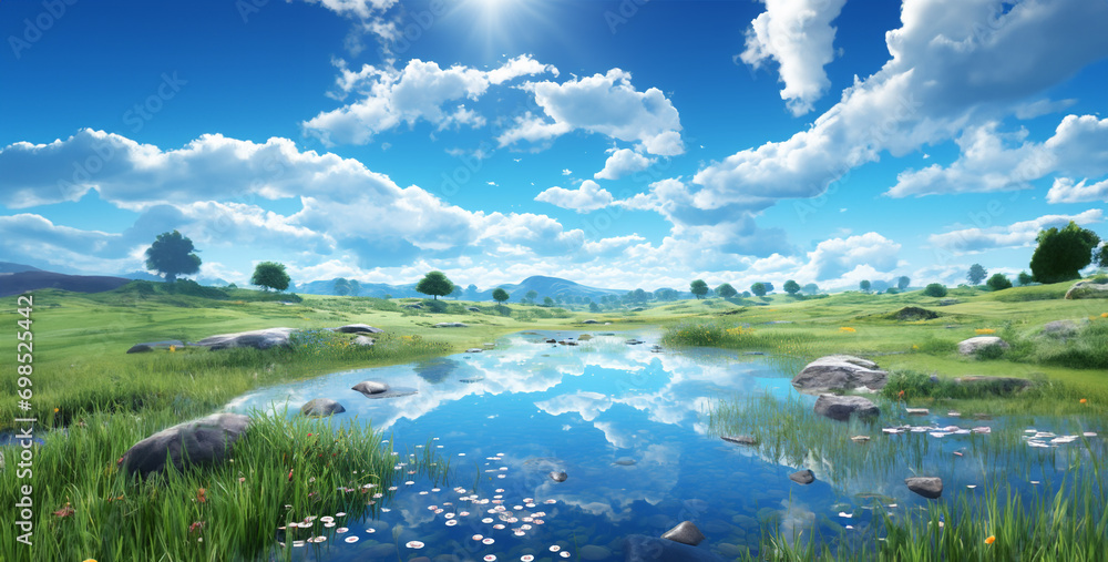 landscape with lake and mountains, a big beautiful shining bright in a beautiful blue sky