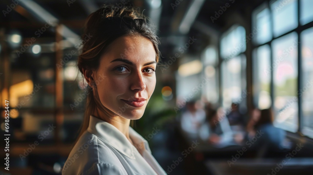 Businesswoman at her workplace. Smiling woman in office with colleagues in background. Business lady Businesswoman at her workplace. Smiling woman in office with colleagues in background. Business lady
