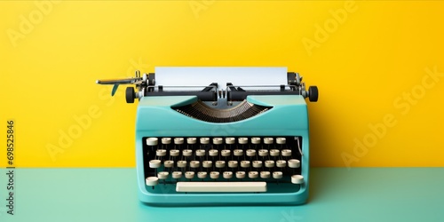 Vintage turquoise typewriter on a yellow background.