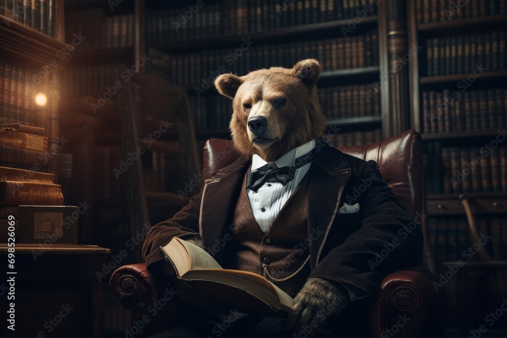 Obraz premium Anthropomorphic bear in a suit sitting in a library.
