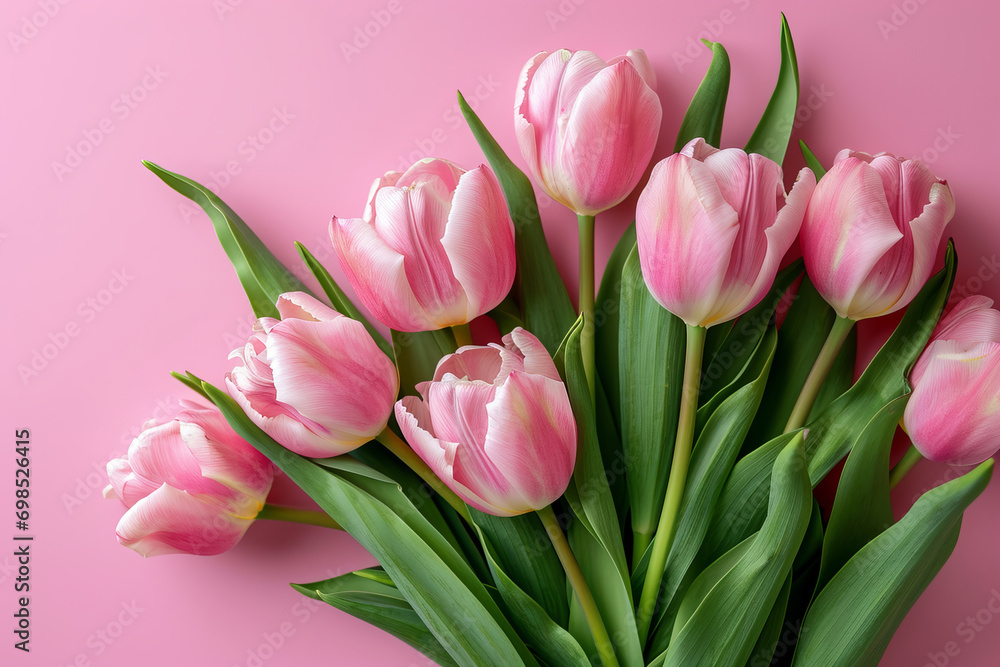 Fresh spring tulips on pink background. Top view, copy space.