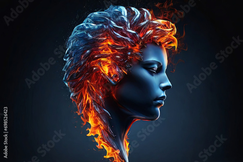 Fiery human head Stunning fire & ice heart symbolizes love, passion, duality. Perfect for web, print, expressing emotions. photo