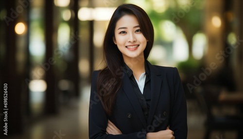 Young happy smiling beautiful asian business woman on white background or office