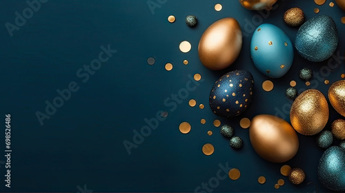  gold and blue easter eggs on a blue background. Easter frame of eggs painted in blue gold color. Flat lay, top view. Copy space for text. photo