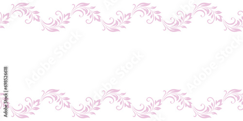 Vintage delicate frame, border of stylized leaves, flowers and curls in pink lines on white background. Horizontal top and bottom edging, decoration. Vector backdrop, wallpaper