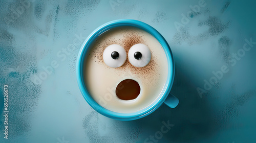 A fun and quirky illustration of a coffee cup with a cute face drawn on blue background. Perfect for coffee shops, cafes,Blue Monday concept, the most smile and happy day photo